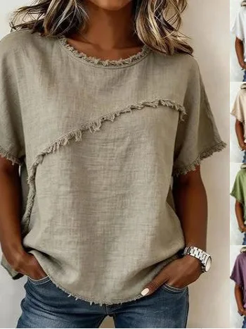 

Ladies round Neck Short Sleeve Pure Color Top Casual Style Loose Fit T-Shirt Polyester Blend Summer Wear for Young Women