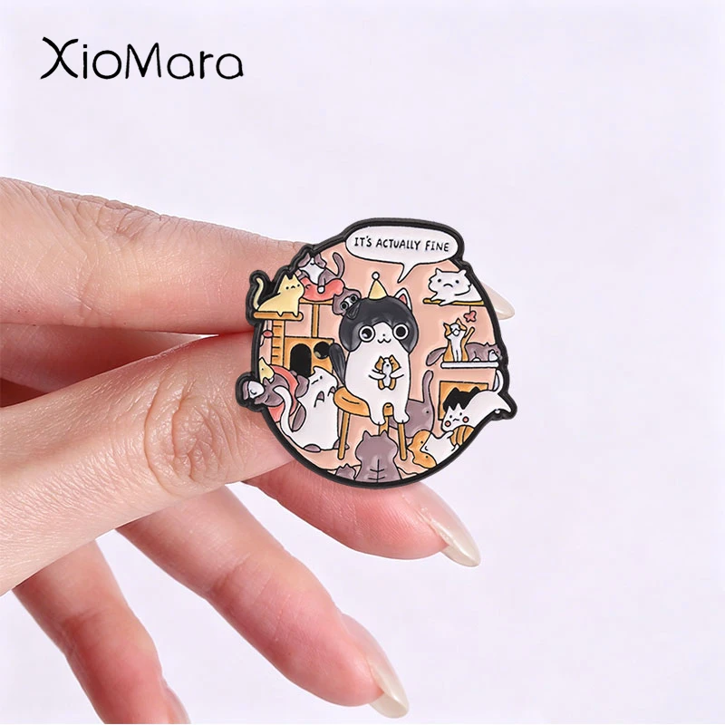 Cute Cartoon Cat Badge It's Actually Fine Enamel Pins Fashion Lapel Metal Brooches Backpack Clothes Jewelry Gift for Friends
