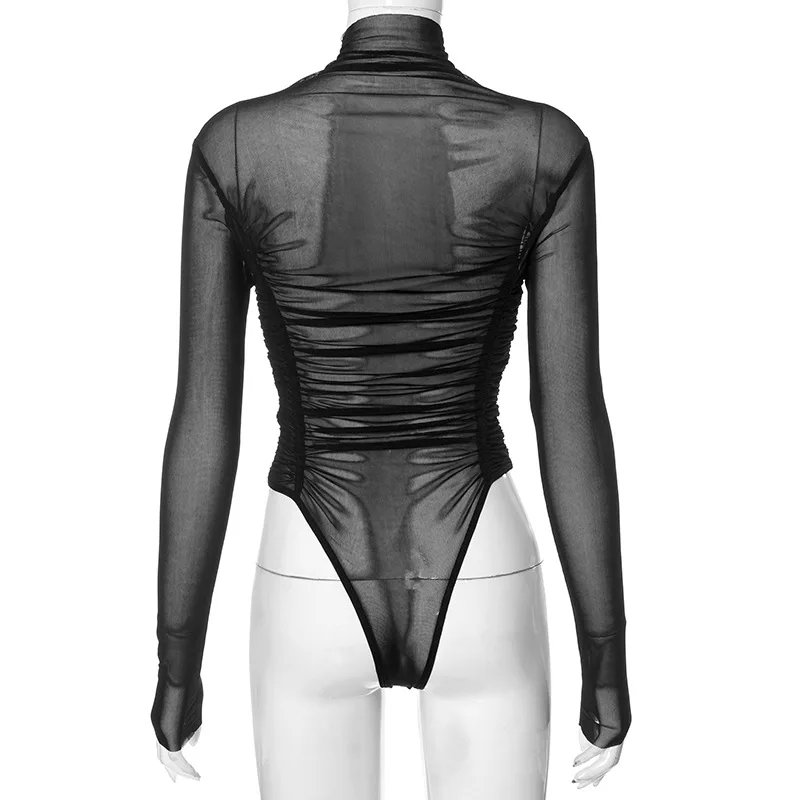 Autumn 2023 Long Sleeve Mesh Slim Bodysuit for Women See Through Black Brown Grey Bodysuits