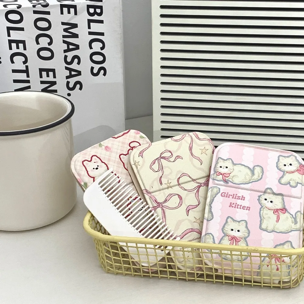 Niedlicher Desktop-Standspiegel aus PU-Leder, Tulpe, Blume, Schleife, Hund, Katze, Make-up-Spiegel, kompakter Kosmetikspiegel, leicht zu tragen