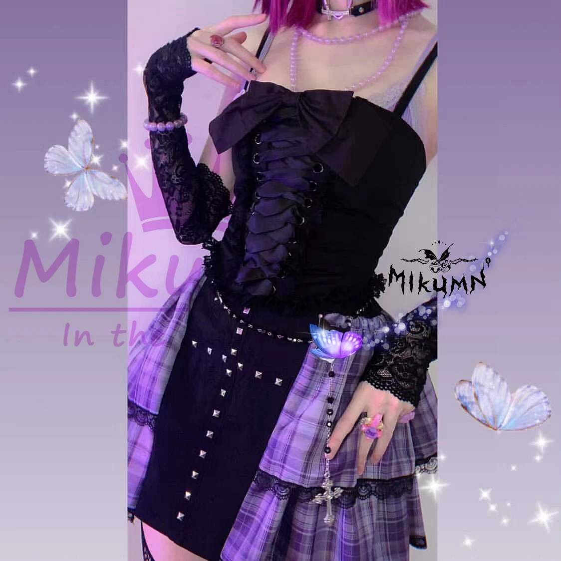 Mikumn Women Purple Plaid Skirts Harajuku Punk Elastic High Waist Pleated Skirt Chic Design Kawaii Lace Gothic Lolita Mini Skirt