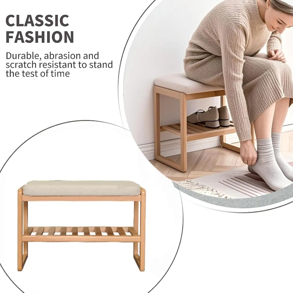 مقعد المدخل مع وسادة، رف أحذية من الخشب الصلب بطبقتين مع مقعد من إسفنج الذاكرة، مقعد تخزين منجد باللون البيج للممر، لا #3