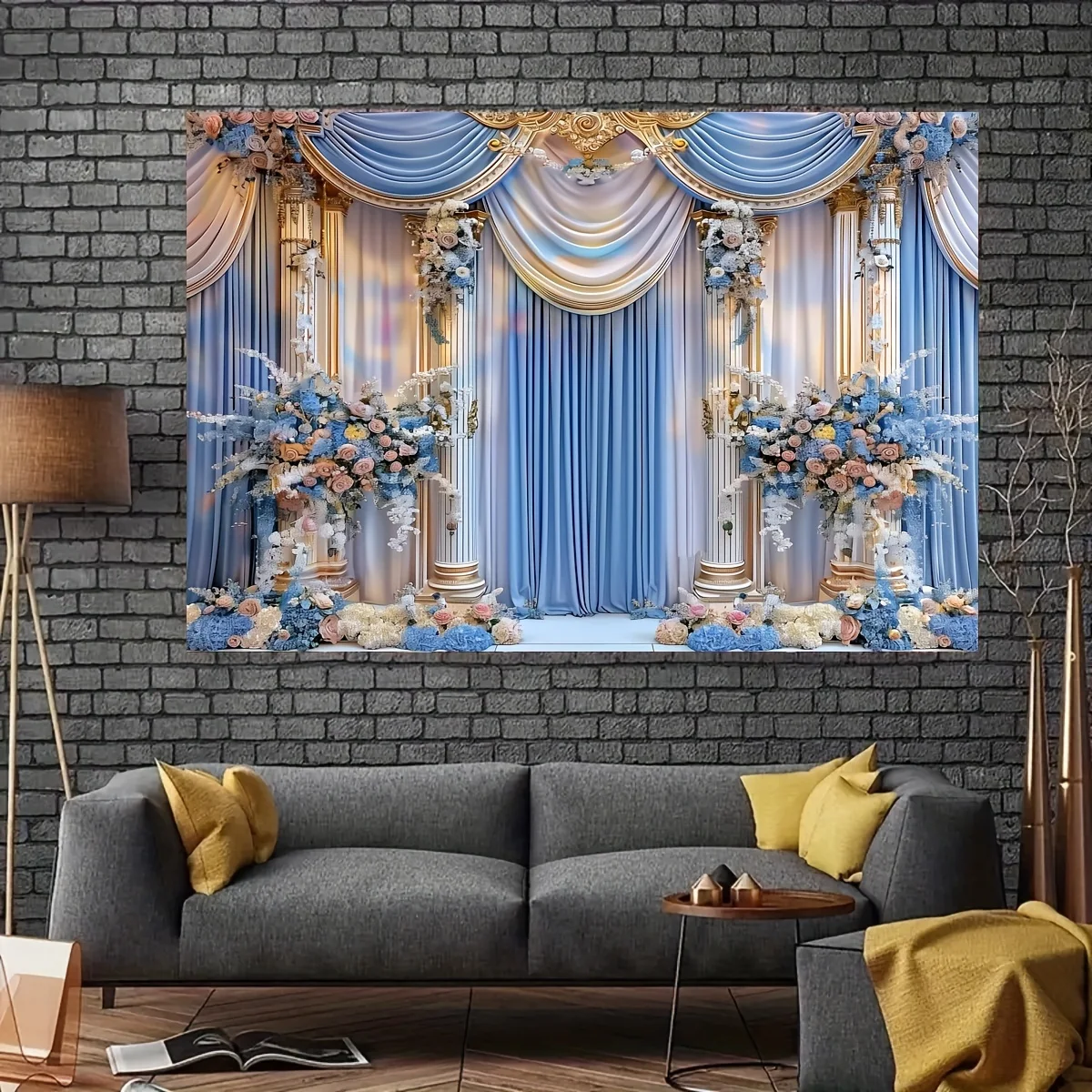 Blue and white fortress palace wedding background with colorful flowers - suitable for engagement party wedding decoration