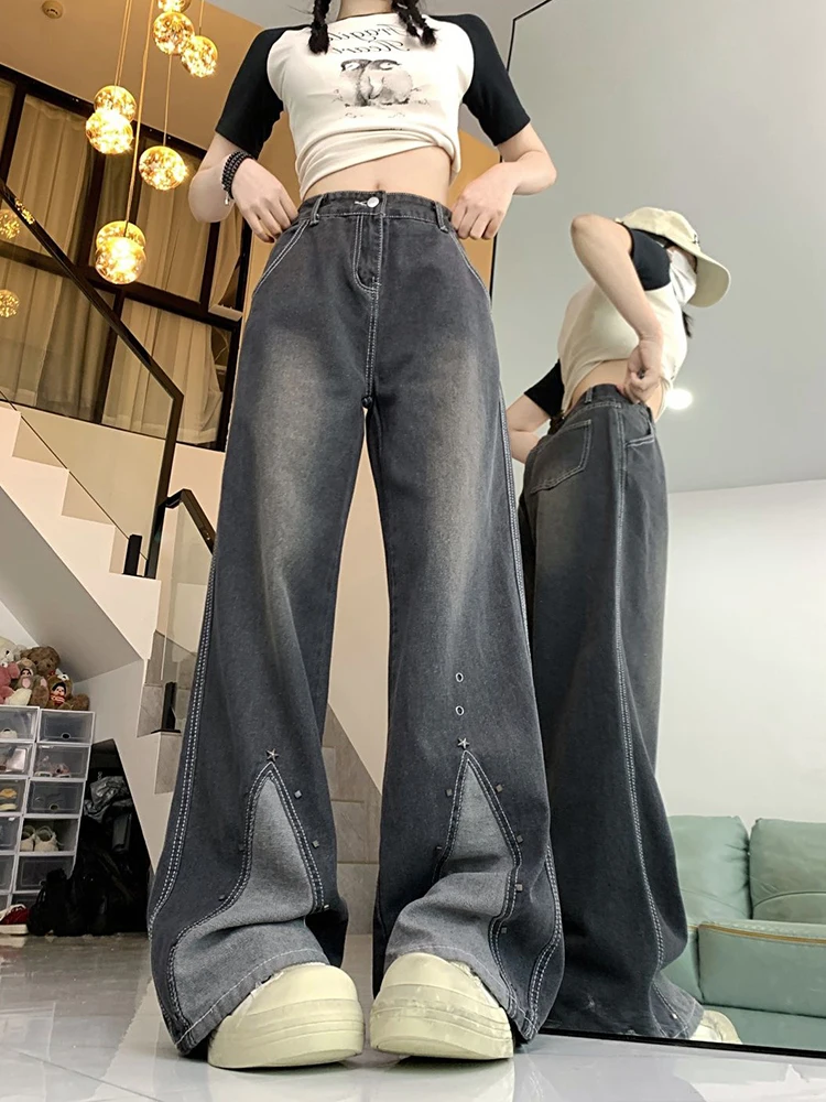 Jmprs Y2K Vintage Rivet Jeans Women High Waist Harajuku Denim Pant Streetwear Female Loose Retro American Casual Gothic Trousers