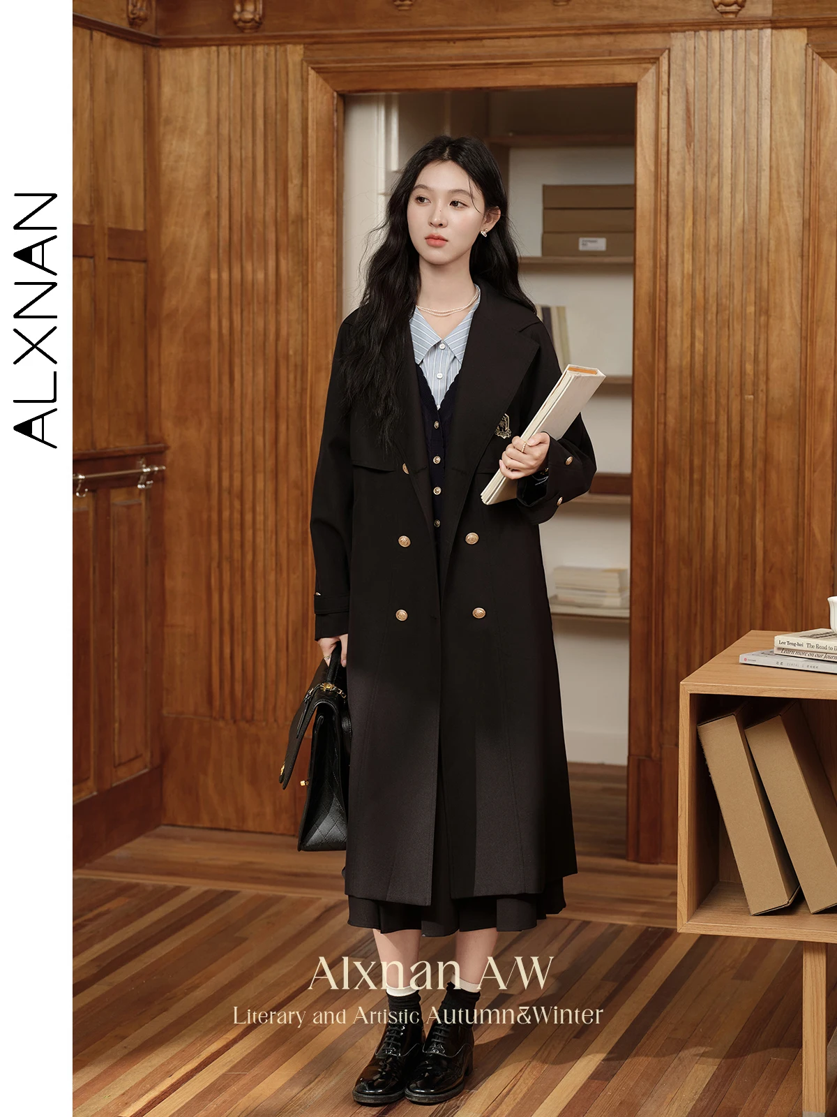 ALXNAN Korean Preppy Style Trench Coat for Women Lapel Collar Vintage Embroidered Badge 2024 Fall Winter Female Long Coat L50103