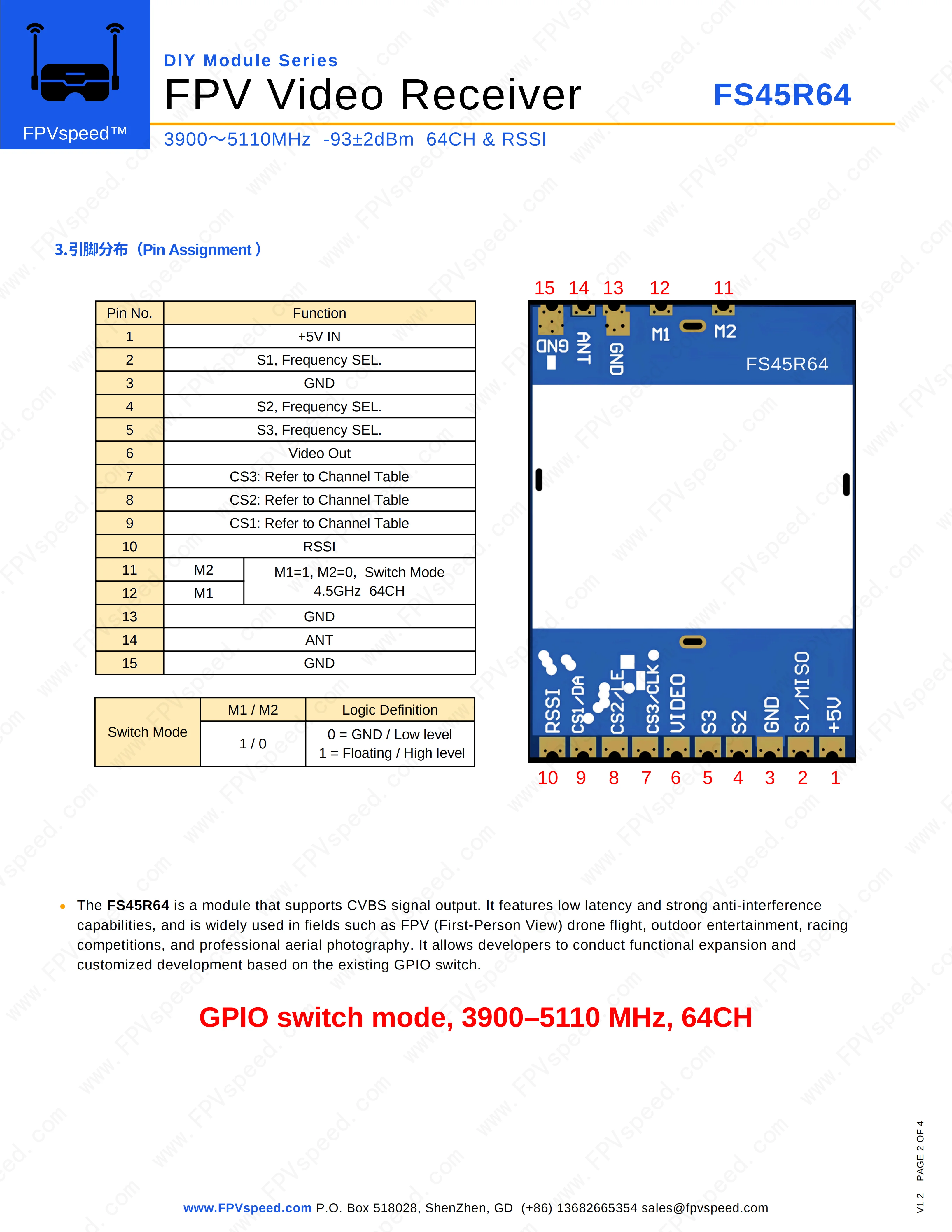 FS45R64 4.5G 64CH VRX RSSI 3900-5110MHz FPVspeed Drahtloses Videoempfängermodul – Detail 2