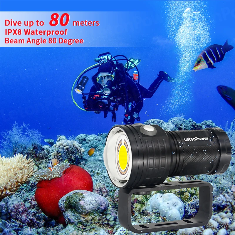 LetonPower Underwater Photography Light Highlight 12000Lumens COB Lamp LED Diving Flashlight 100M Waterproof Video Torch