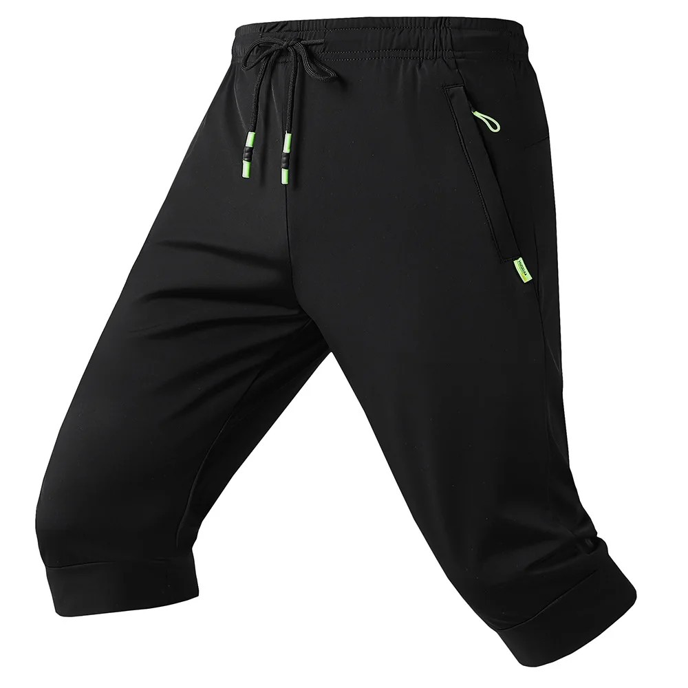 Hommes course pantacourt glace soie été séchage rapide entraînement Fitness 3/4 pantalon poche Joggings pantalon mâle gymnastique pantalons de survêtement