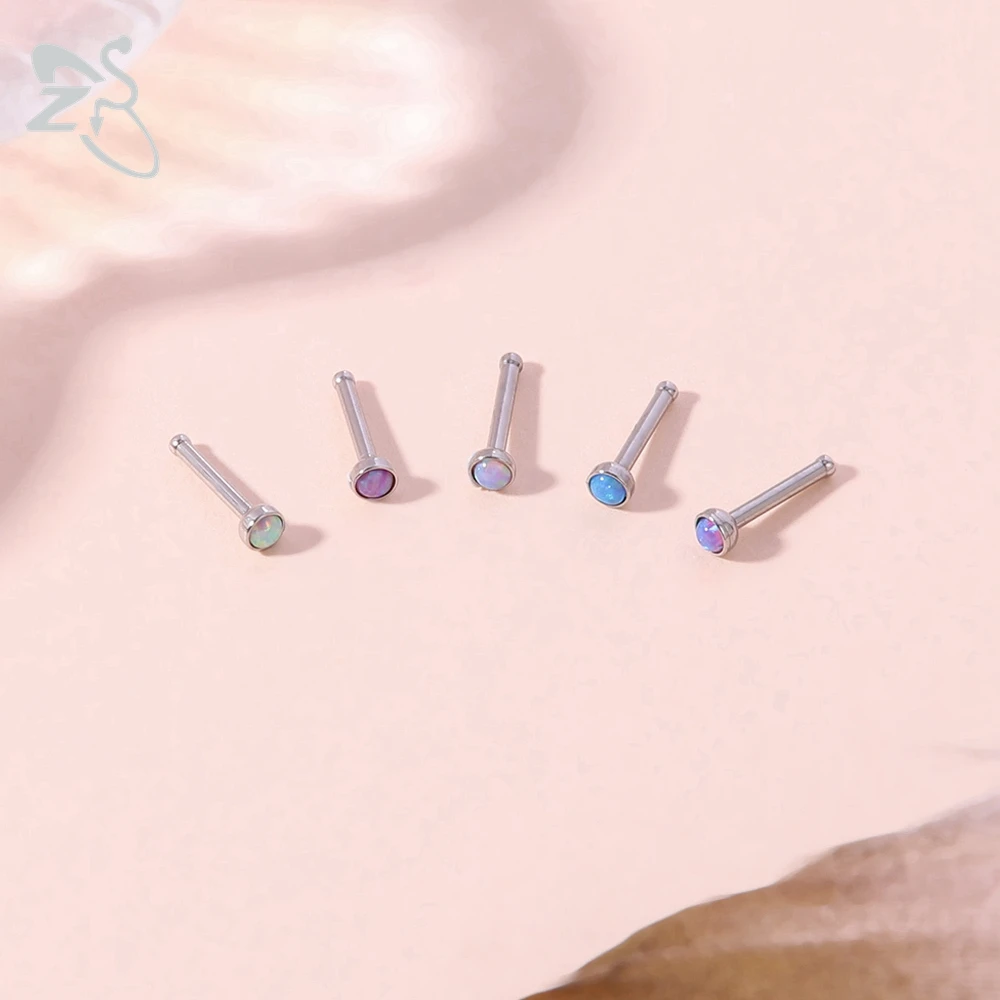 ZS 3-5pcs/lot Stainless Steel Nose Piercing Set Colorful Opal Nose Studs Retainer Pin L Shape 2MM Nostril Piercing Jewelry 20g