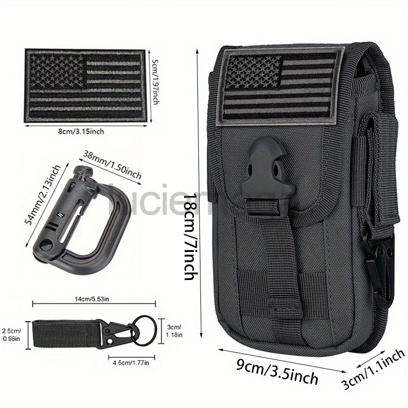 LUC Tactical Molle Pouch with US Flag Patch, D-Ring and Gear Clip Belt Waist Bag For 6.7" Cell Phone Case Molle Attachment Bags