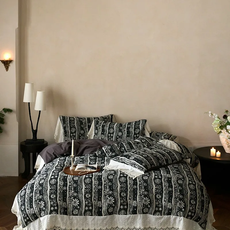 100% Cotton Double Gauze Bedding Set 4pcs Black White Floral Lace Trim Duvet Cover Set Soft Breathable Vintage Style Bed Linen