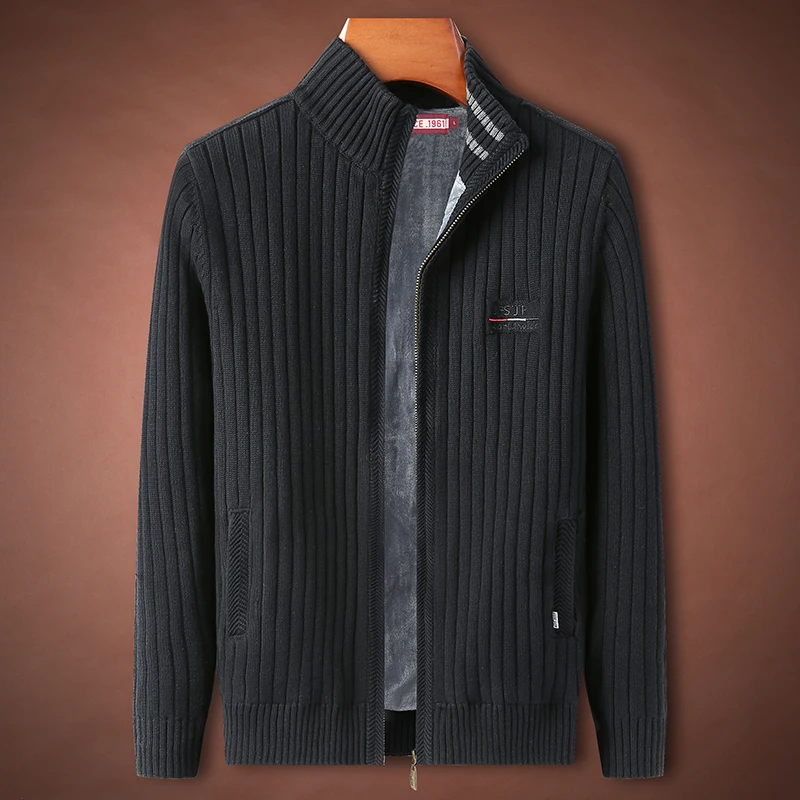 

Мужской зимний утепленный кардиган из чистого хлопка с флисовой подкладкой, большого размера, вязаный, теплый, с воротником-стойкой, модный, цветной