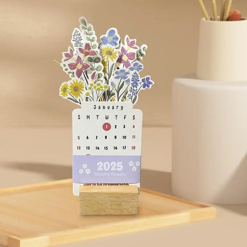 Floral Desktop Calendar Small Calendar With Wooden Base Detachable Small Desk Calendar Creative Design For Table