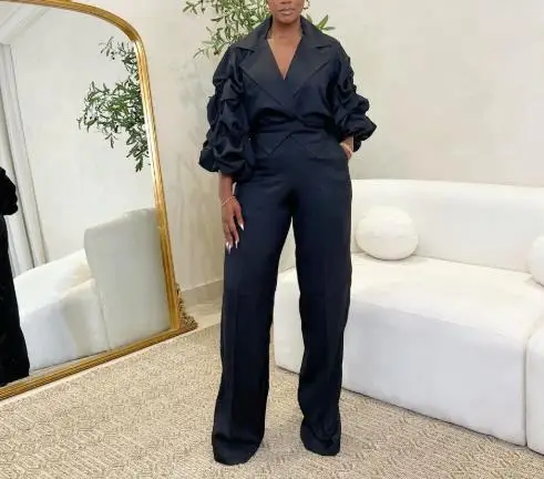 

Two Piece Set Women Outfit 2025 Spring Autumn Commuting Notched Collar Pleated Sleeves Top & High Waist Pocket Design Pants Set