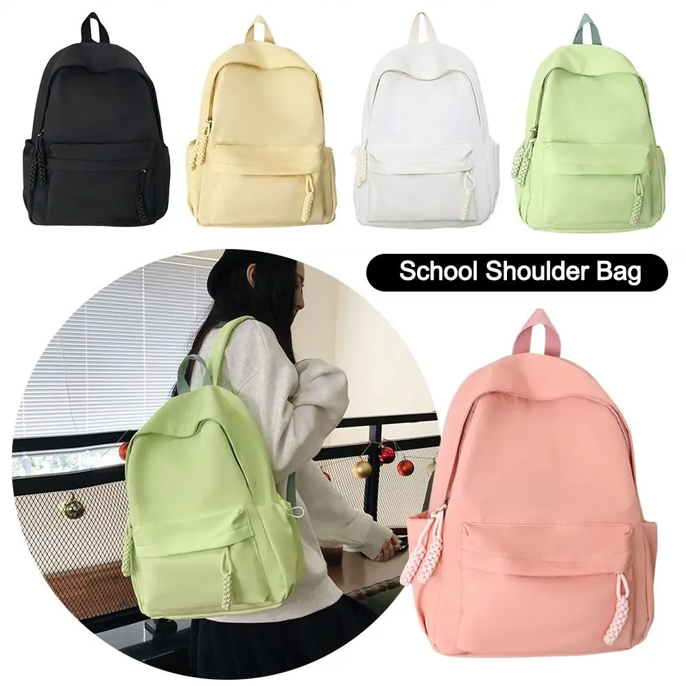 

Simple Nylon School Shoulder Bag Solid Color Adjustable Backpack Large Capacity Schoolbag for Students