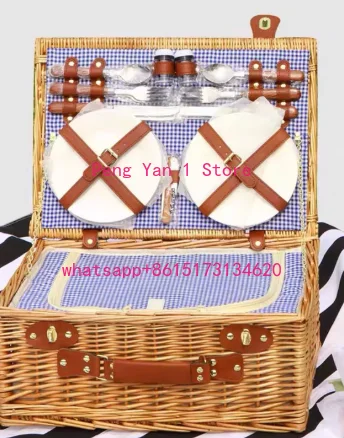 Rattan Wicker Outdoor Picnic Household Storage Fruit Steak Vegetable Basket With Cutlery Quad Blue Checkered