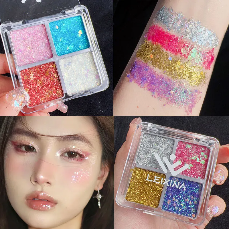 4 in 1 Sparkly Eyeshadow Glitter Gel Cream Shimmer Gold Silver Star Heart Sequin Face Body Palette Eye Makeup for Festival Daily