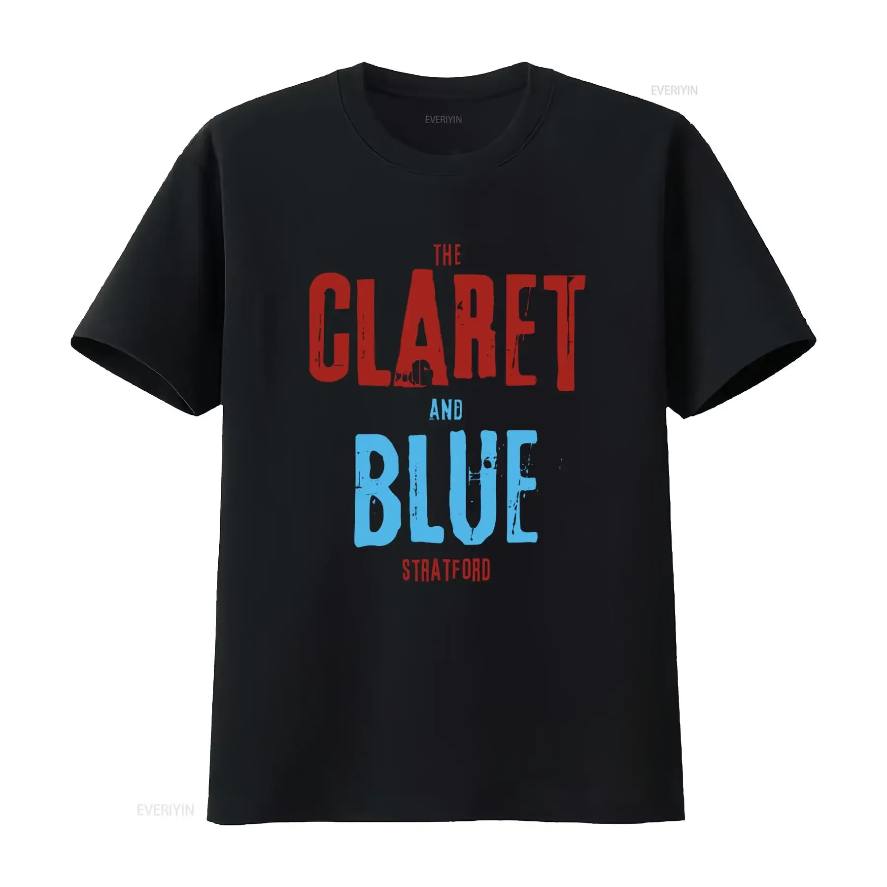Camiseta CLARET e AZUL Estilo Cockney de West Stratford, Ham e East London, vintage, lavada, respirável, elástica e versátil.