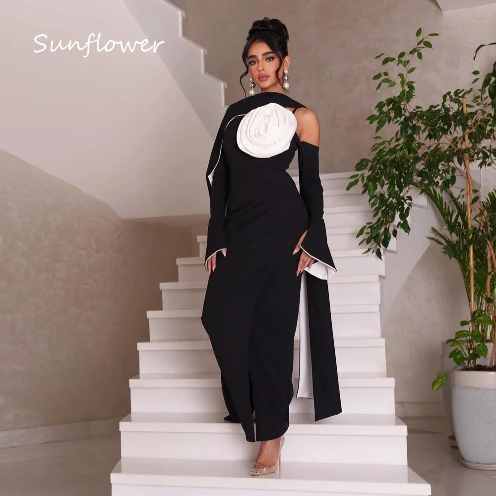 Sunflower Simple Black Crepe 3D Flowers Mermaid Prom dress 2024 Slim Long Sleeve Ankle-Length Formal Evening Dress