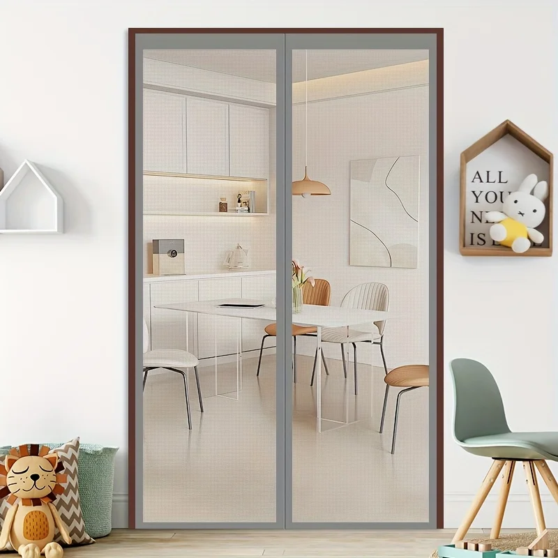 Magnetic mesh door curtain with automatic closing function - gray, breathable polyester fiber, preventing insects from entering
