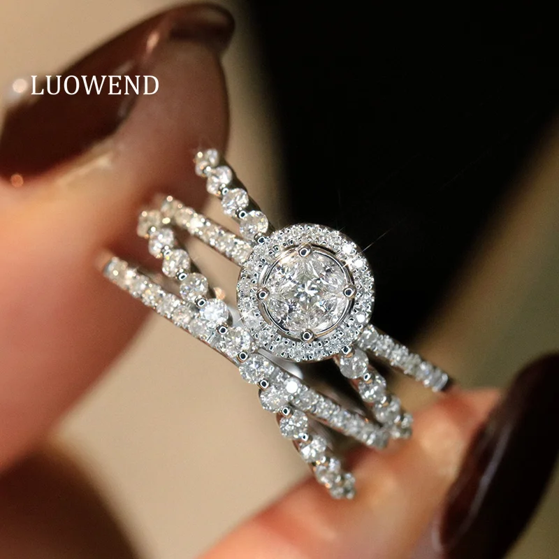

LUOWEND 100% 18K White Gold Rings Luxury Design 0.75carat Real Natural Diamond Engagement Ring for Women High Party Jewelry