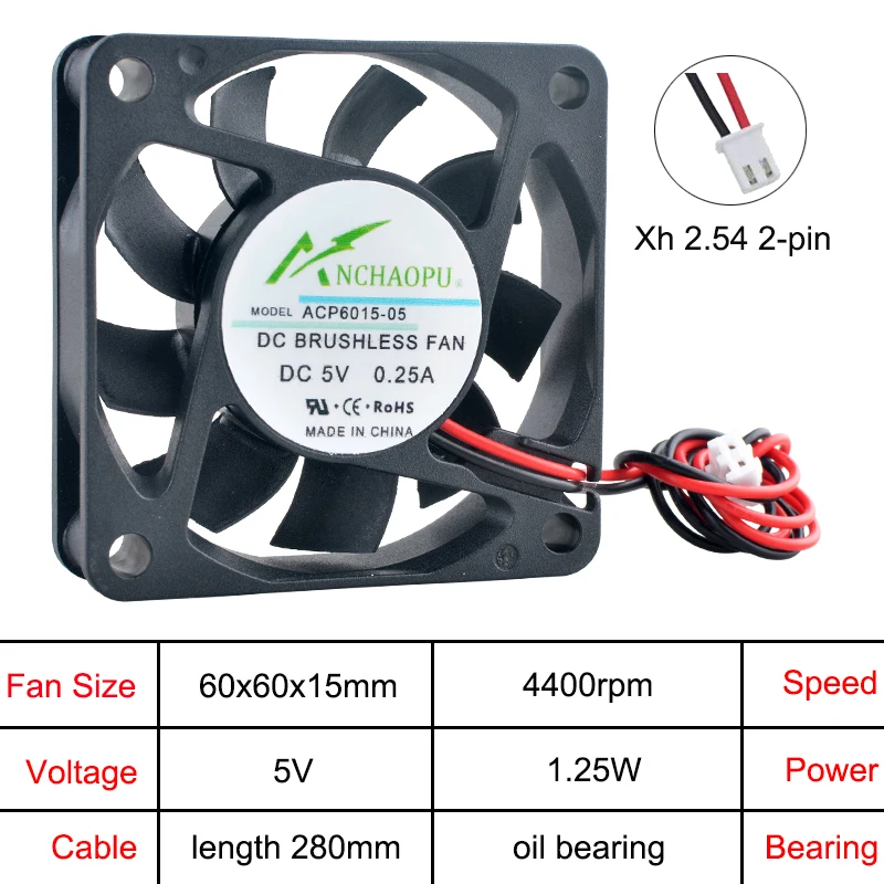 ACP6015 6 cm 60 mm Lüfter 60 x 60 x 15 mm DC5 V 12 V 24 V 2-poliger Axialventilator-Lüfter für Ladegerät-Stromversorgung