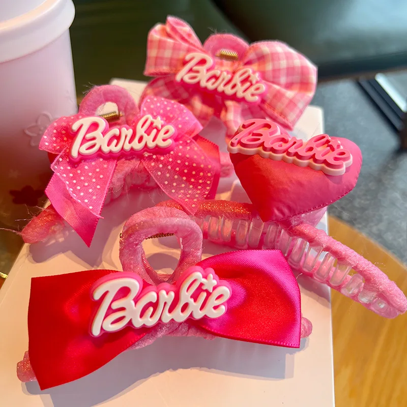 Kawaii Cartoon Anime Cute and Sweet Barbie Plaid Bow Hair Catch Dopamine Pink Hair Shark Clip Hairpin Hair Accessory