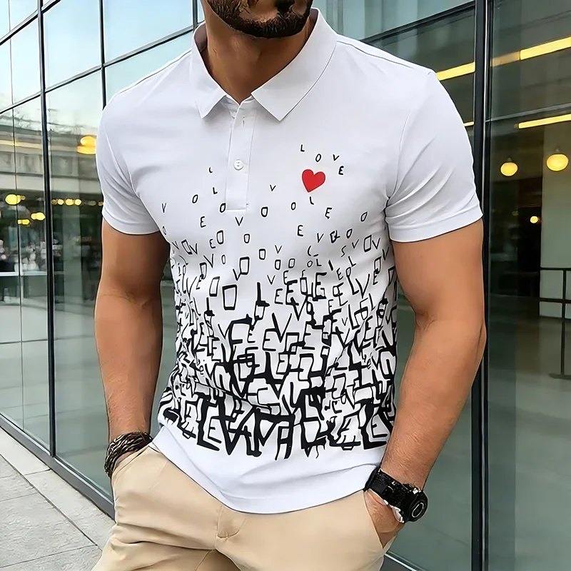 Menswear Clothing Polo Shirt Golf Wear 2026 Summer Casual Short Sleeve Love Print Camisa Elegante Polo Para Hombre Man Tee Tops