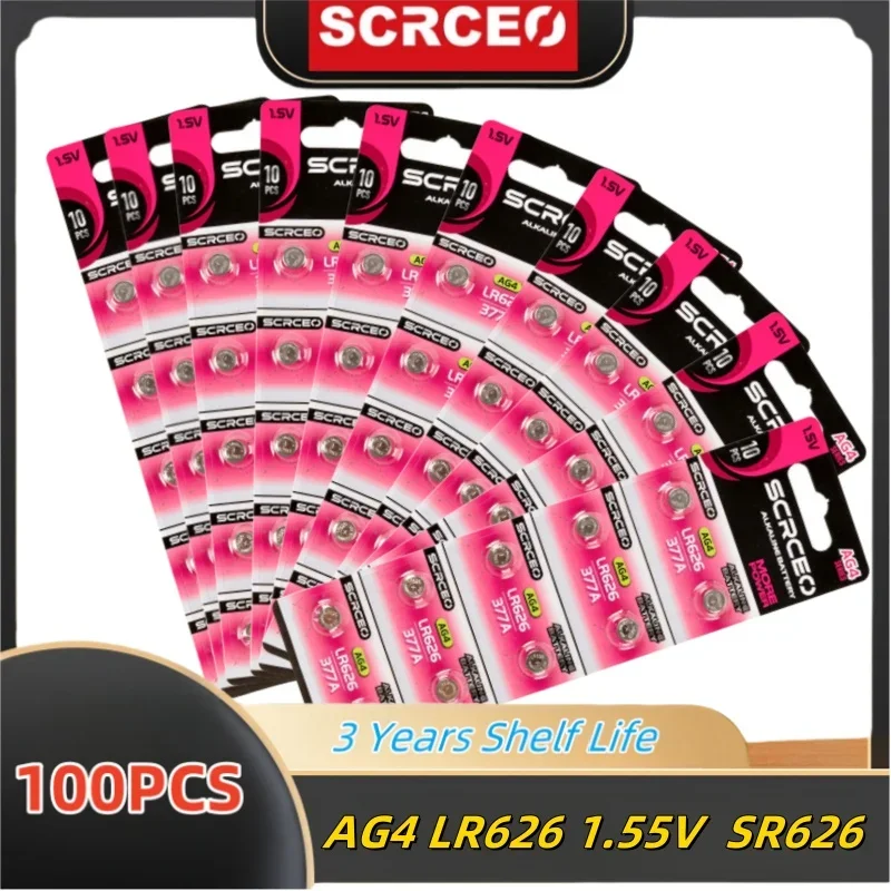 

100PCS AG4 LR626 1.55V Alkaline Watch Battery 377 SR626 177 626A 377A CX66W For Toy Calculator Car Key Clock Button Cell