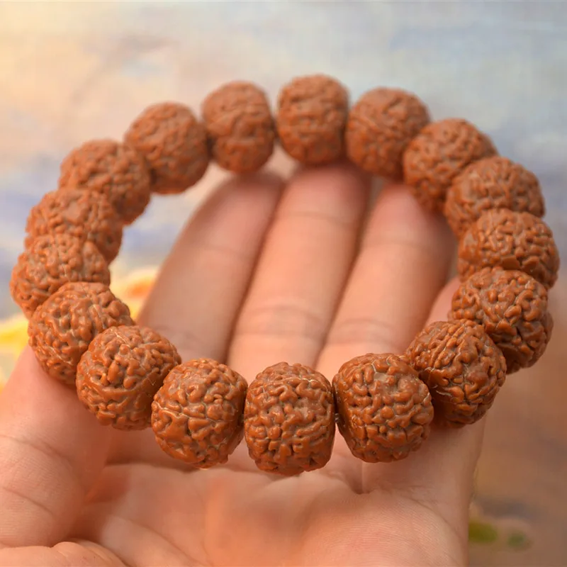 Spring Craft15/16/17mmRed Yellow Leather Hand Grinding Tibetan Style Big Strawberry Dragon Scale Texture Rudraksha Bracelet