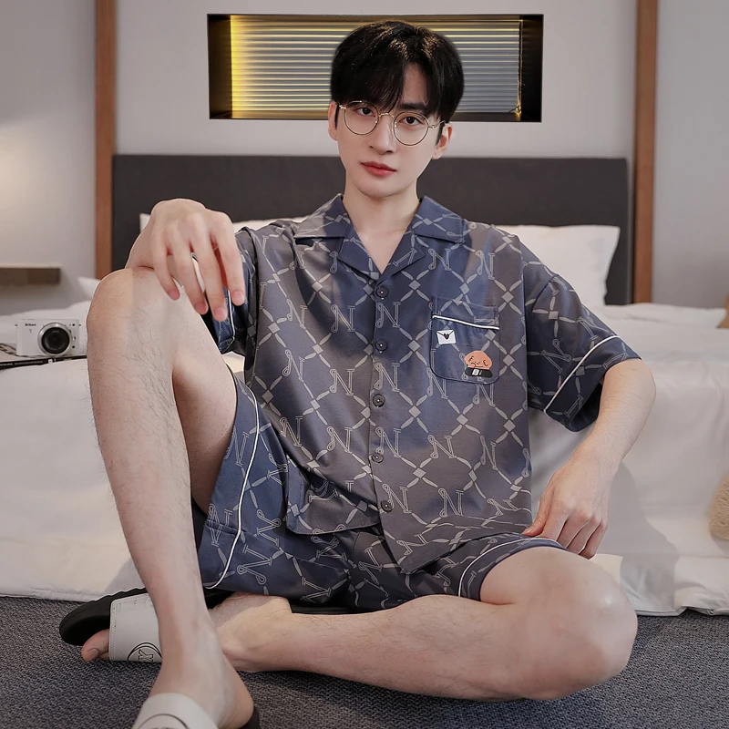 Cartoon Cotton Summer Thin Men's Cardigan Pajamas Short Sleep Tops Pant Sleepwear Male Home Suit Homewear Casual Pyjamas