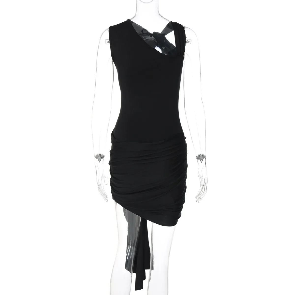 ツイストリボンシャーリングボディコンミニドレス女性ソリッド非対称ネックノースリーブシースパーティークラブウェア Y2K ストリート Vestidos