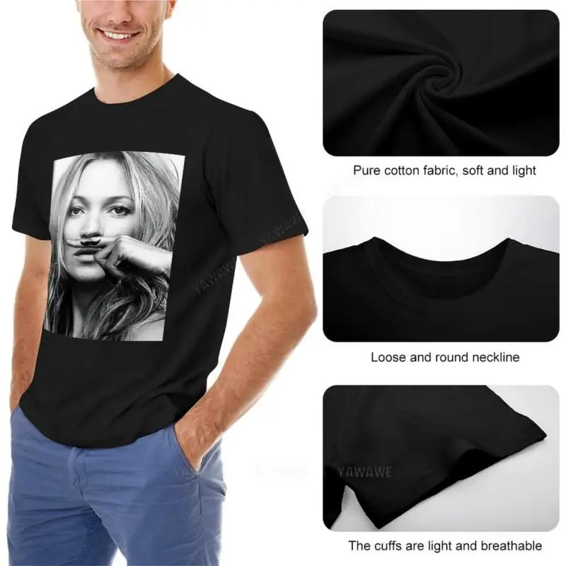 Kate Moss, bigote, blanco y negro, camiseta de fotografía, tops de talla grande, camisetas gráficas, camisetas lisas para hombre