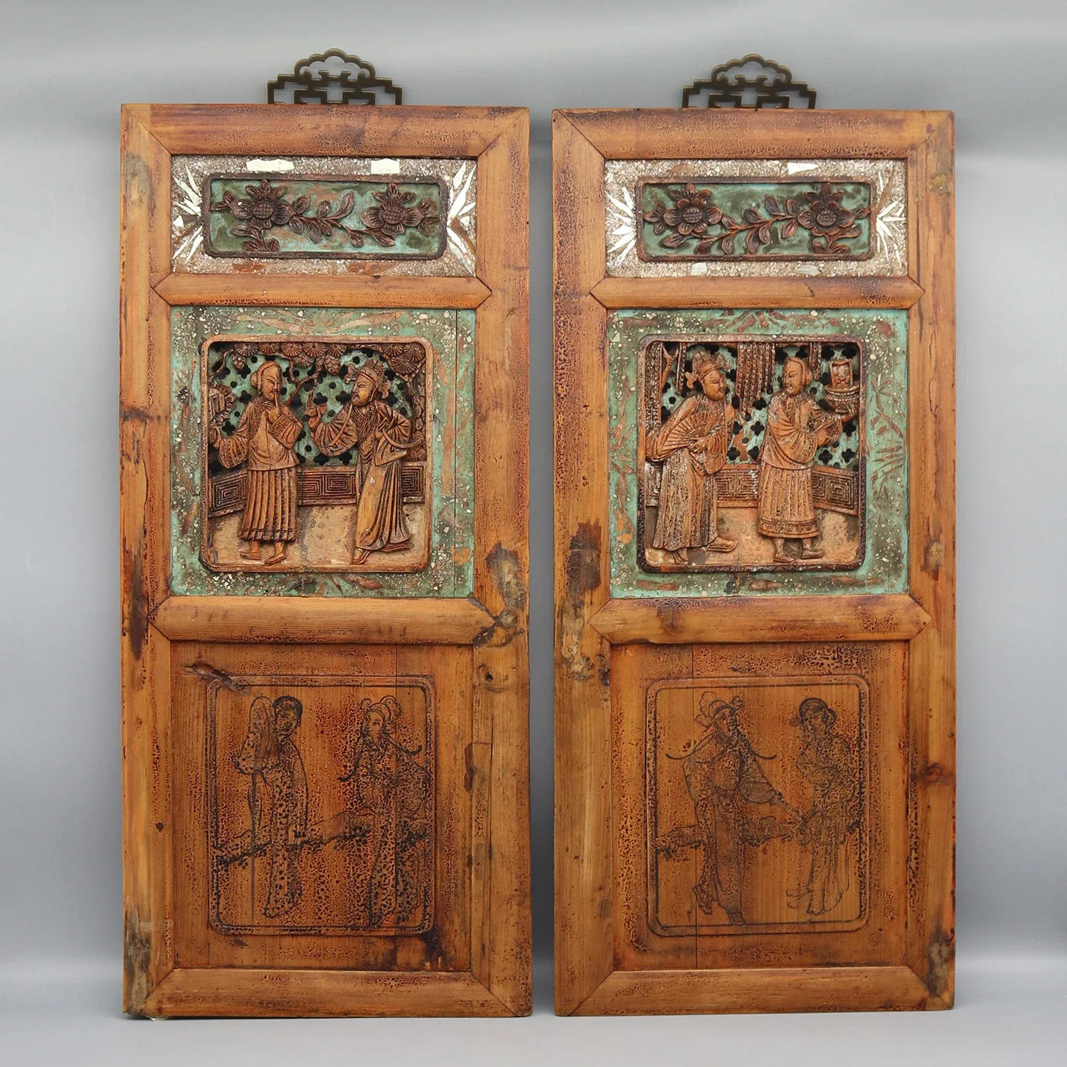 Collectible Old Wood Carvings,  Set of 2 Figurine Panels, Wall Decoration, Chinese Anique