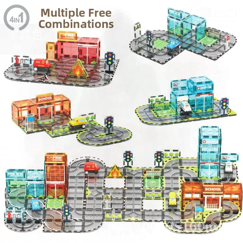 Kolorowe okno Mocne magnetyczne klocki konstrukcyjne Tor Zabawka edukacyjna dla dzieci Zestaw do składania Ruch drogowy w mieście Budowa Amazon