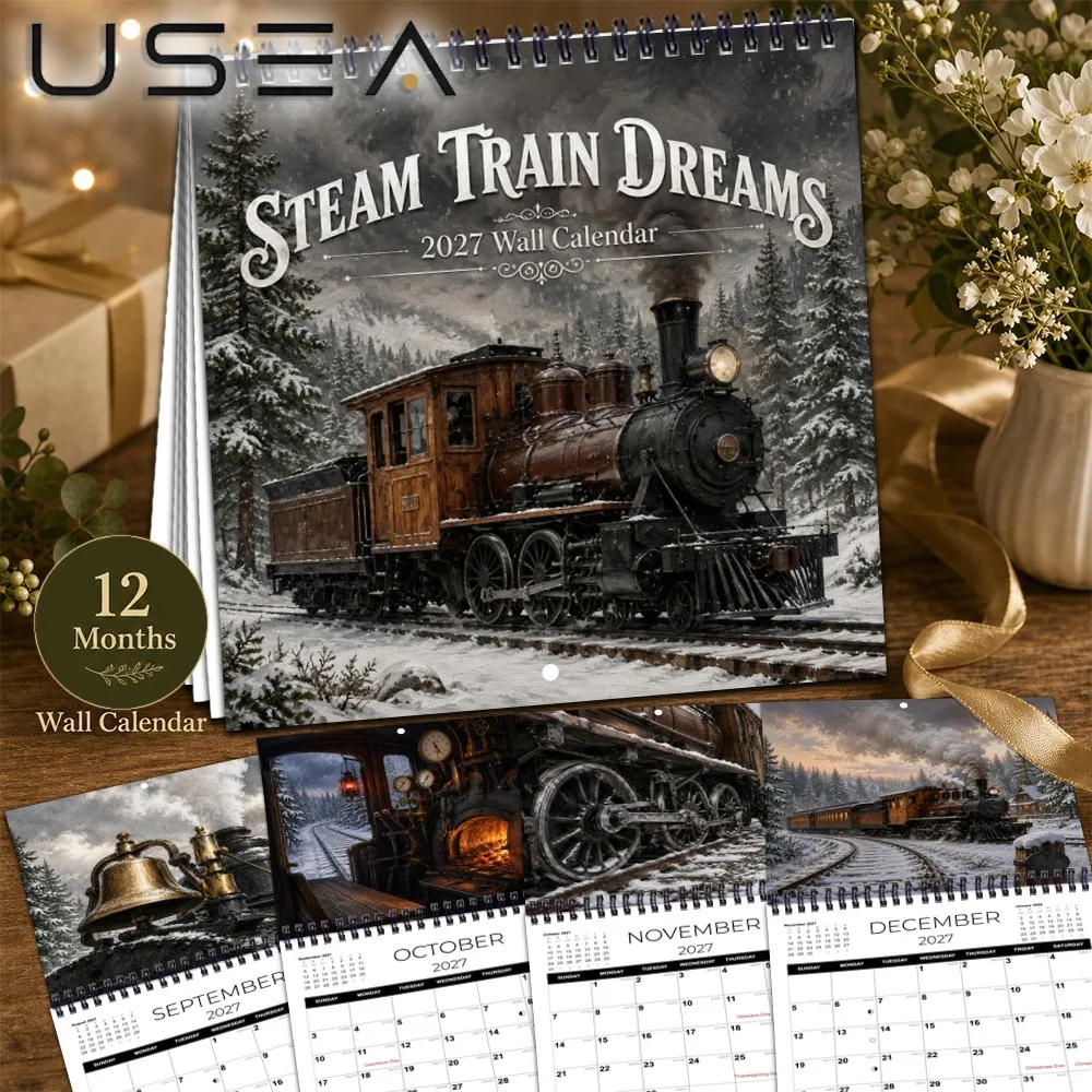 Steam Train Dreams 2027Wall Calendar,Twin Wire Spiral Binding,Square Hanging Wall Calendar,Christmas Seasonal Gift,Habit Tracker