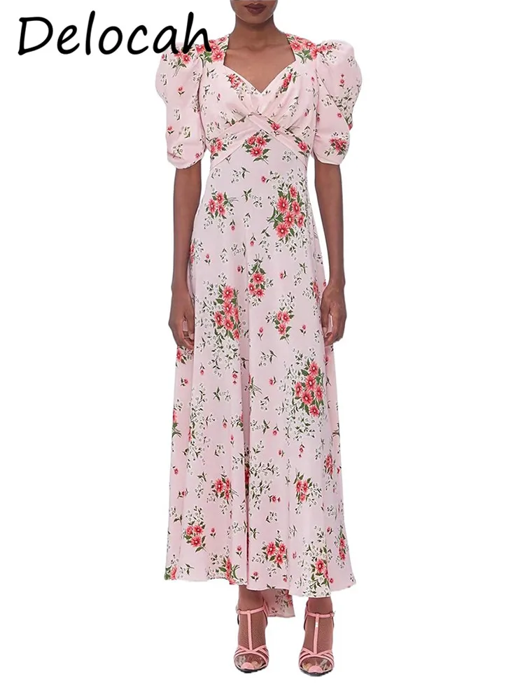 Delocah francês verão rosa impressão magro 2024 novo irregular super bonito cetim rico família filha vestido longo