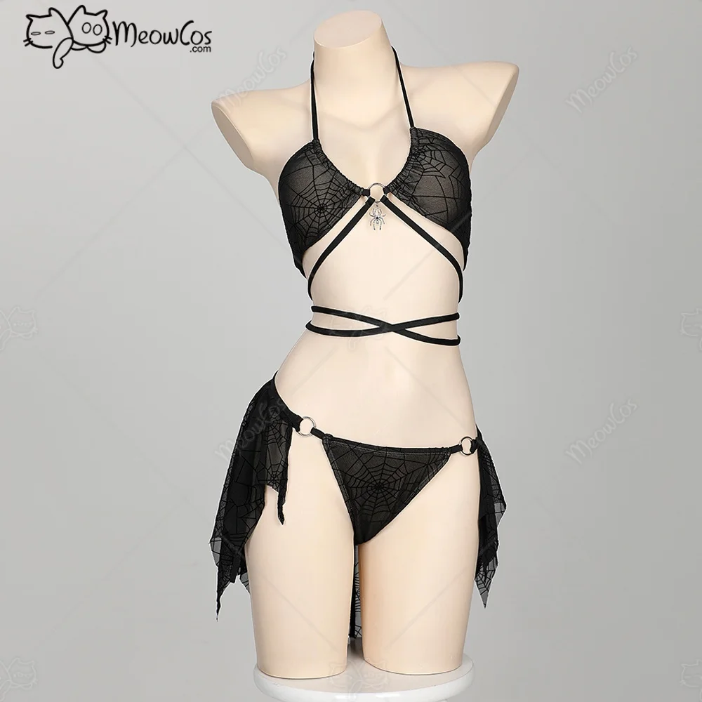 Meowcos Damen Gothic Badeanzug Spider Web Design Dark Style Bademode Set