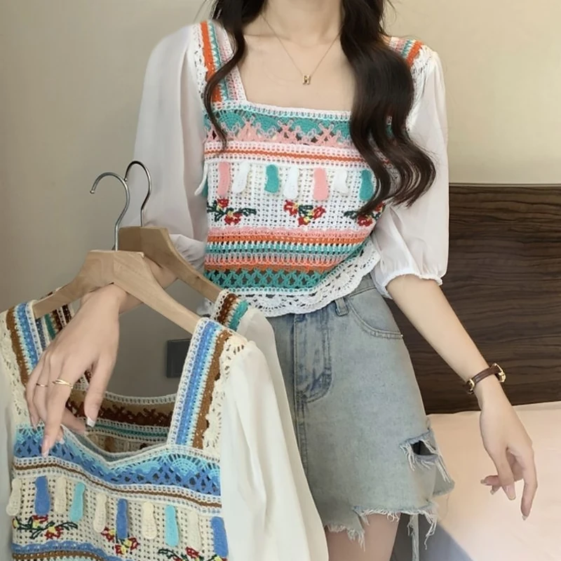 Women\'s Summer Sleeveless Tops Colorful Hand Crochet Embroidery Hollow Knit Vest Crochet Flowers For Women