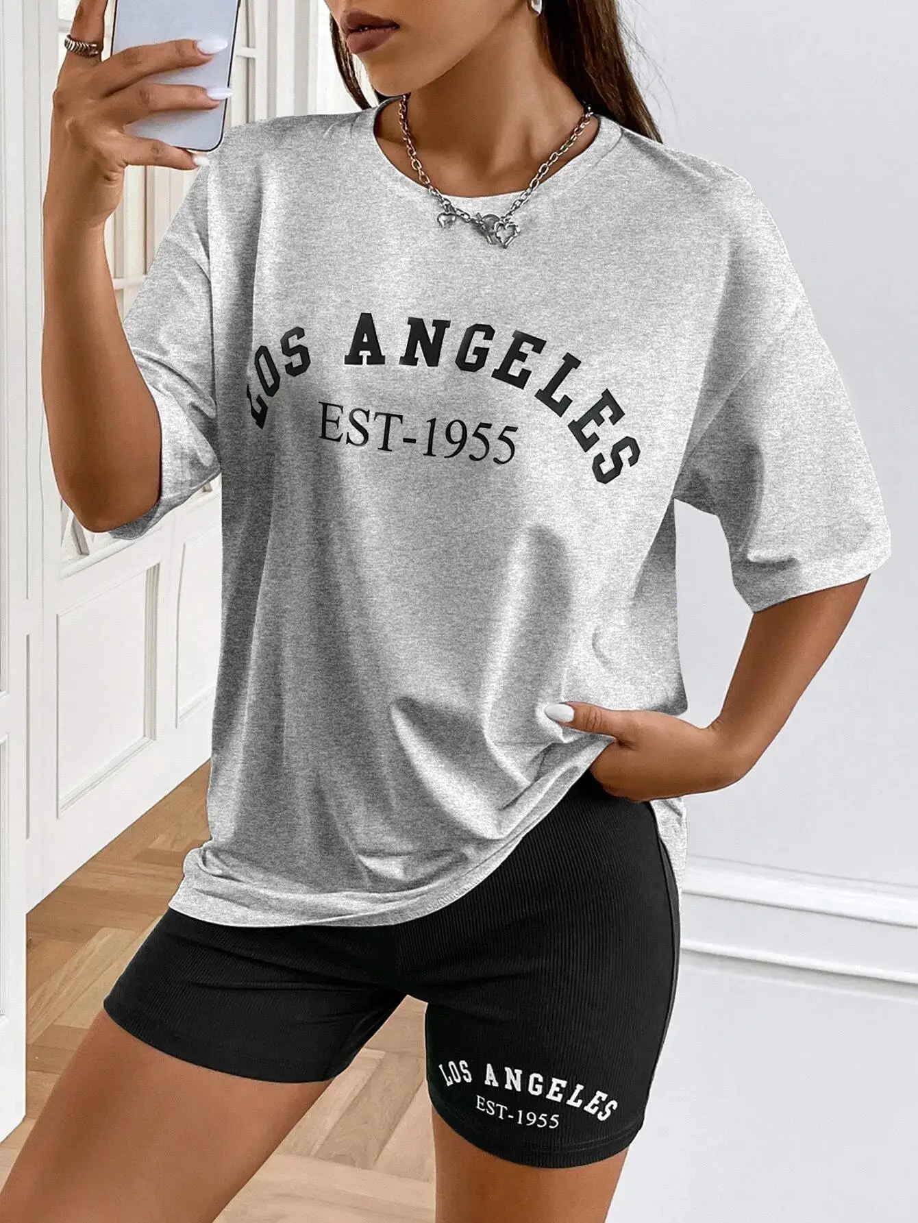 Women Short Sleeve Two Piece Outfits Los Angeles Est 1955 Letter Prints T-Shirts & Tight Shorts Summer Street Fashion Clothes