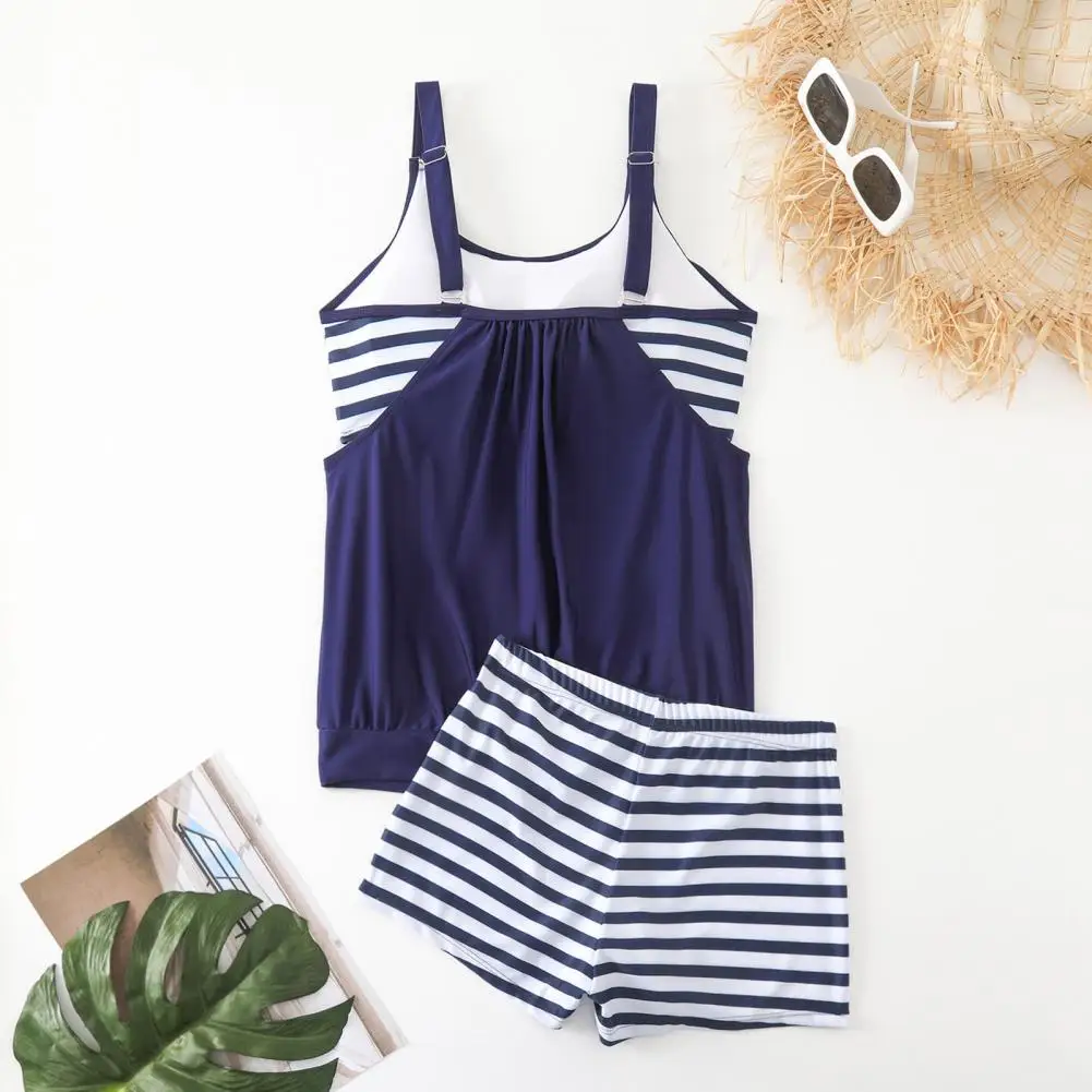 Plus-size Swimwear Women Swimsuit Striped Vest with Chest Pads Elastic Waist Shorts Set Hot Spring Bathing Suit Summer Beachwear
