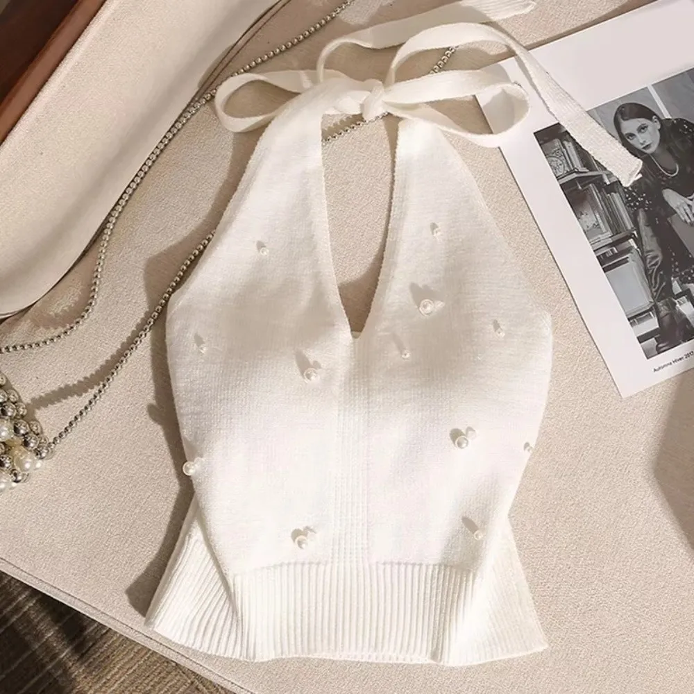Backless Design French Beaded Vest Tie Knot Detail Beaded Embellishment Knot Back Vest Halter Style Knitted Fabric Knitted Vest