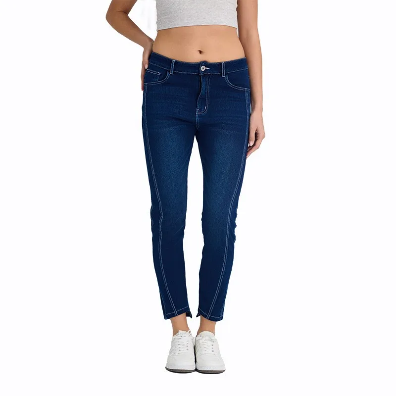 Women's Jeans Skinny Mid Waist Blue Denim Pants High Stretch Slim Fit Denim Jeans Whiskering Used Wash Jeans Pants Functional