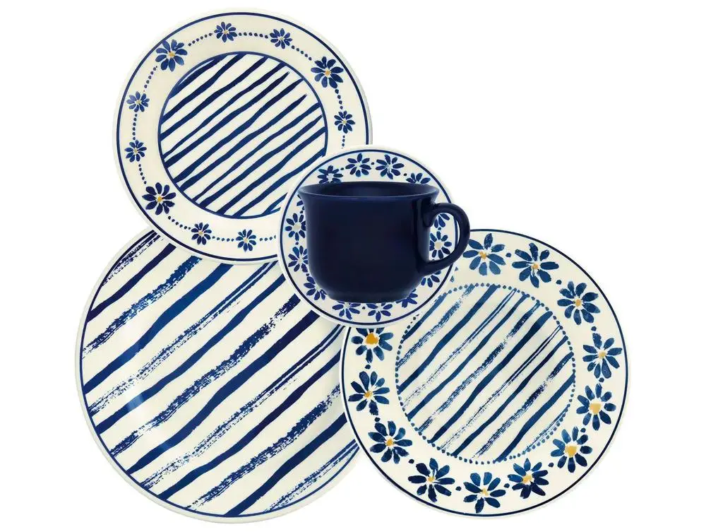 Aparelho de Jantar e Chá 20 Peças Biona Redondo de Cerâmica Azul Donna 24 Margaridas
