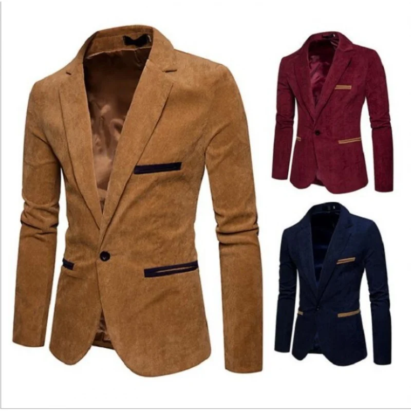 Men's corduroy casual suit jacket trendy men fashion slim 1 grain buckle blazer