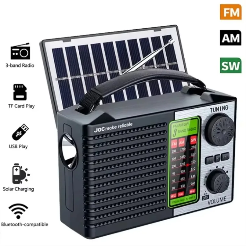 Emergency Solar Hand Crank Radio FM AM SW Bluetooth Speaker TF Card USB Charging LED Flashlight Power Bank Outdoor Camping Trip