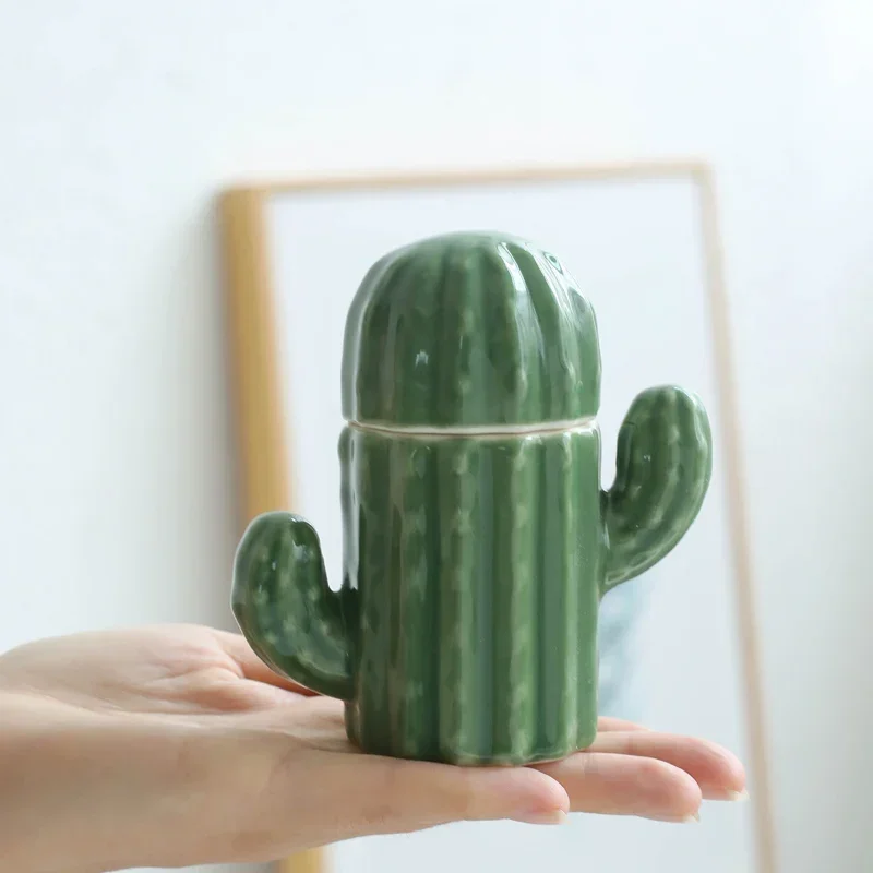 Green Cactus Storage Tank Decorative Ceramic Jar Candy Jar Cotton Swab Box Toothpick Holder Seasoning Dish Decor Storage Bottle view 4