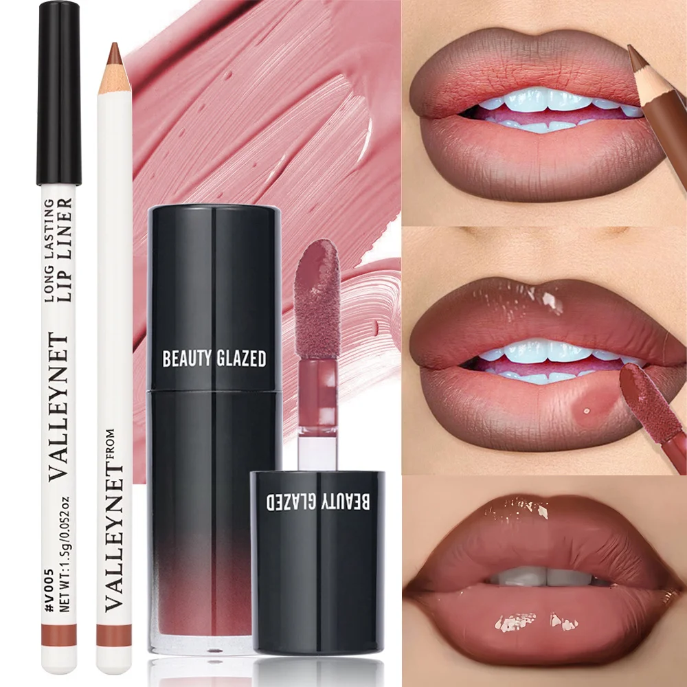 2Pcs/Set Matte Velvet Lip Liner Lip Gloss Set Lipliner + Lip Oil Long Lasting Waterproof Lip Combo