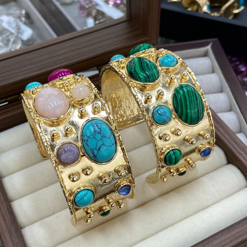 

Bohemian Style Wide Cuff Bracelet with Turquoise and Malachite Accents for women Retro Palace jewelry