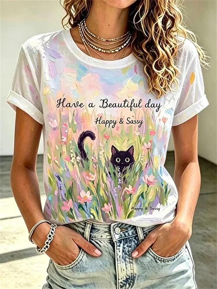 New Women's Round-Neck Short-Sleeve T-Shirt White T-Shirt with Oil Painting-Style Cat and Floral Print A Soothing Casual T-Shirt